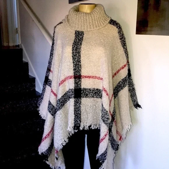 HAYLEY' PLAID TURTLENECK CAPE SWEATER - Picture 2 of 6